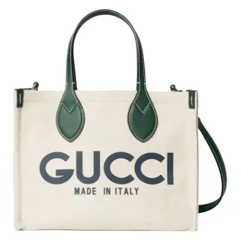 GUCCI Cotton Linen And Canvas Canvas Bag Tote Bag Shopping Bag Handbag Small Size Women's Beige & Green
