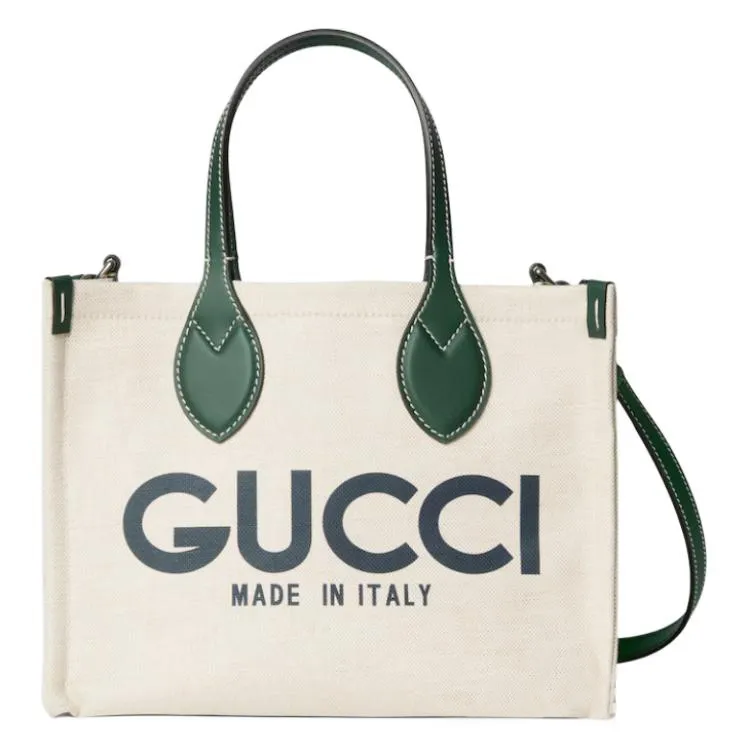 GUCCI Cotton Linen And Canvas Canvas Bag Tote Bag Shopping Bag Handbag Small Size Women's Beige & Green-0