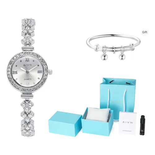 AIVN Rhinestone Embellished Heart Bracelet and Watch Set Quartz Movement Alloy Strap Women's Watch Silver Dial