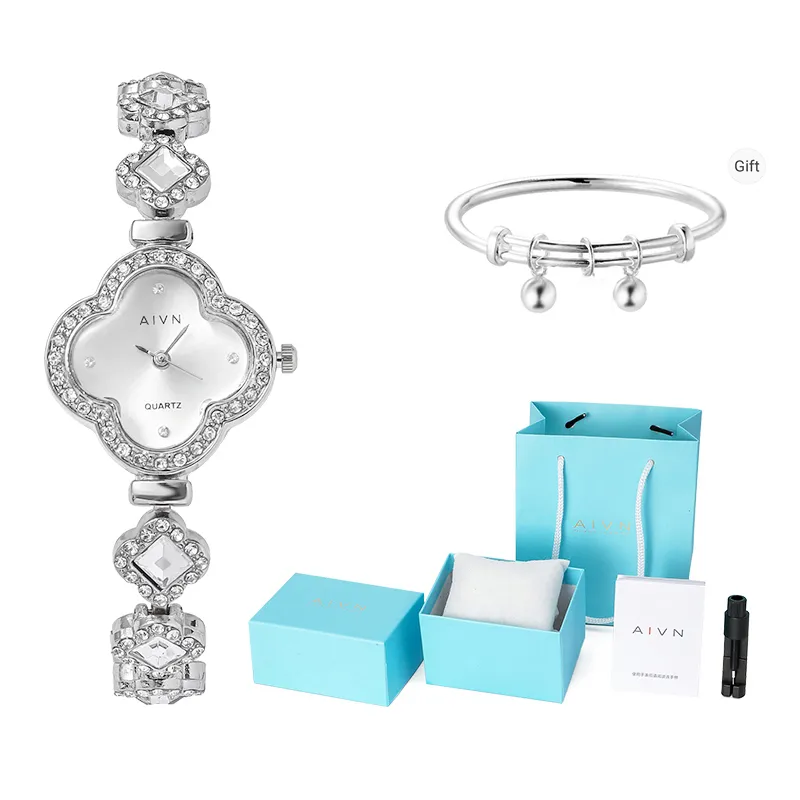 AIVN Lucky Four Leaf Clover Цветочный Rhinestone Украшенный Кварцевый механизм Сплав Ремешок Часы Женские часы Серебристый циферблат