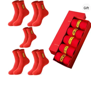 SEPTWOLVES Mid Calf Socks Men's 5 Pack Gift Box Set+Shopping Bag Red