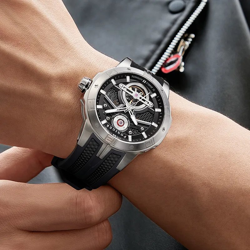 PONIGER Space Man Concept Automatic Mechanical Movement Rubber Strap Men's Watches Cut Out Dial-9