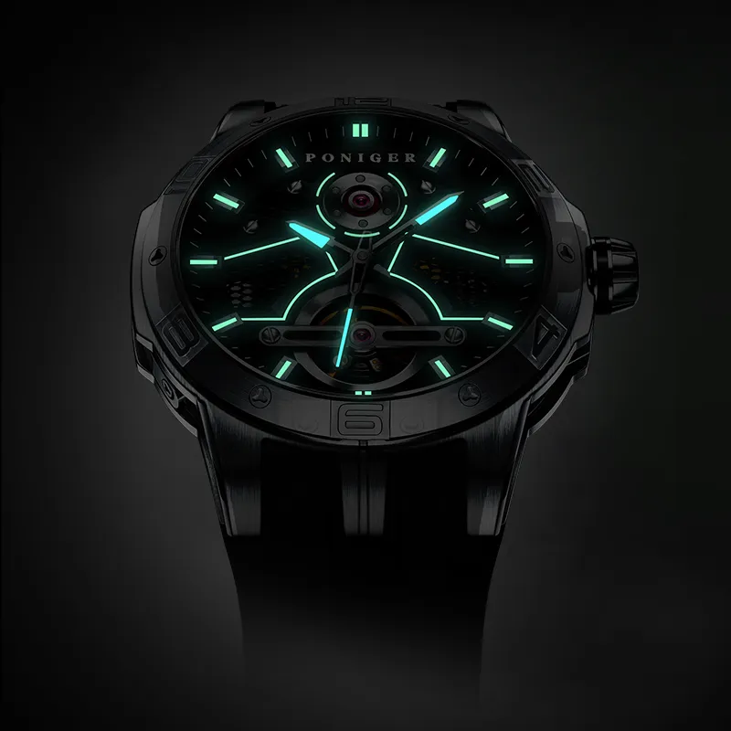 PONIGER Space Man Concept Automatic Mechanical Movement Rubber Strap Men's Watches Cut Out Dial-5