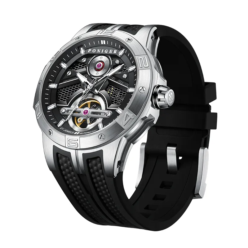 PONIGER Space Man Concept Automatic Mechanical Movement Rubber Strap Men's Watches Cut Out Dial-6