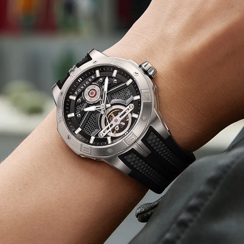 PONIGER Space Man Concept Automatic Mechanical Movement Rubber Strap Men's Watches Cut Out Dial-4