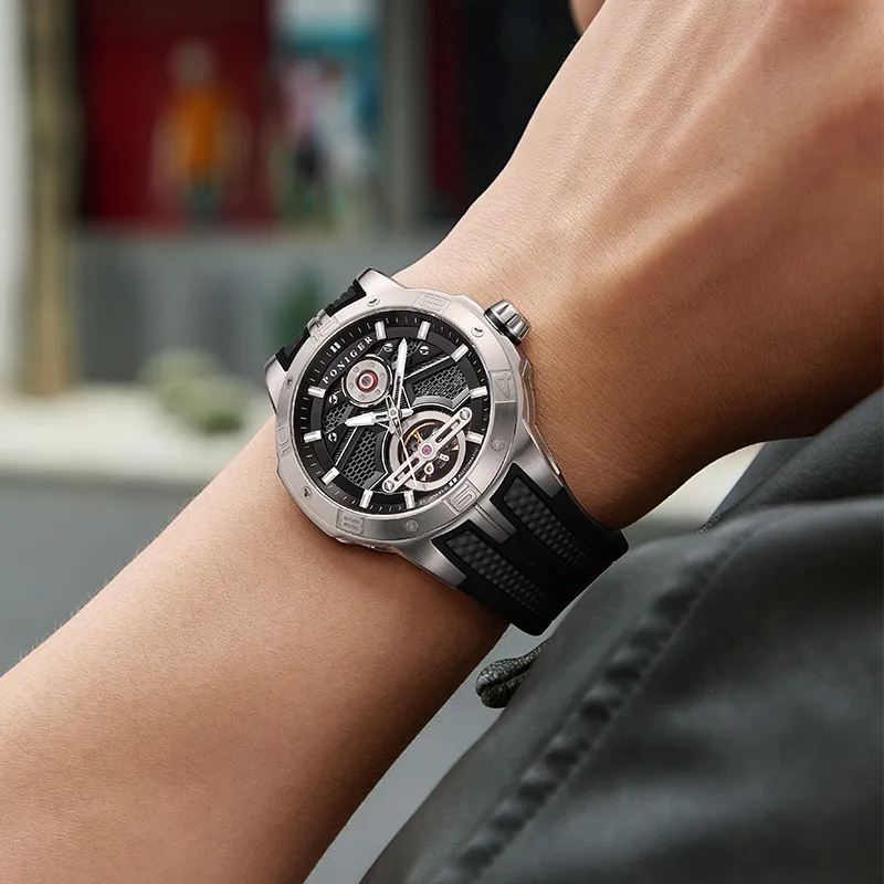 PONIGER Space Man Concept Automatic Mechanical Movement Rubber Strap Men's Watches Cut Out Dial-25