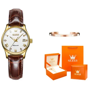 OLEVS Automatic Mechanical Movement Leather Strap Watch Women's Watch White Dial