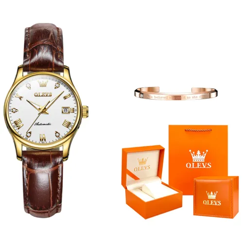 OLEVS Automatic Mechanical Movement Leather Strap Watch Women's Watch White Dial