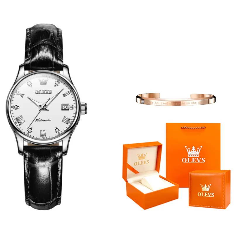 OLEVS Automatic Mechanical Movement Leather Strap Watch Women's Watch White Dial-21