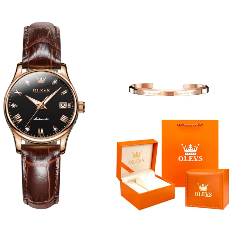 OLEVS Automatic Mechanical Movement Leather Strap Watch Women's Watch White Dial-16