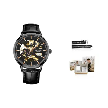 GUANQIN Brogues Collection Automatic Mechanical Movement Leather Strap Watch Men's Watches Black Dial