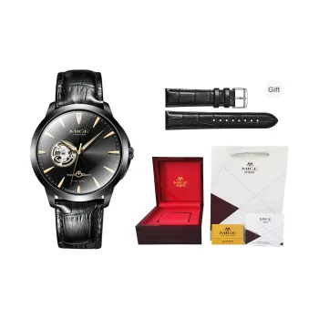 MIGE Pilot Collection Mechanical Movement Cowhide Strap Watch Men's Watches Black Dial