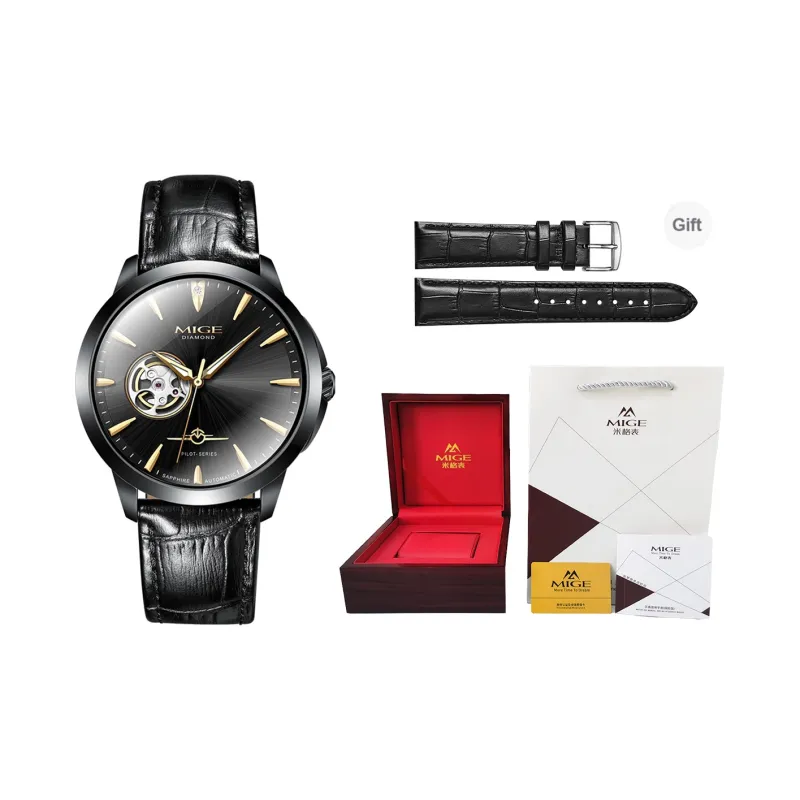 MIGE Pilot Collection Mechanical Movement Cowhide Strap Watch Men's Watches Black Dial-0