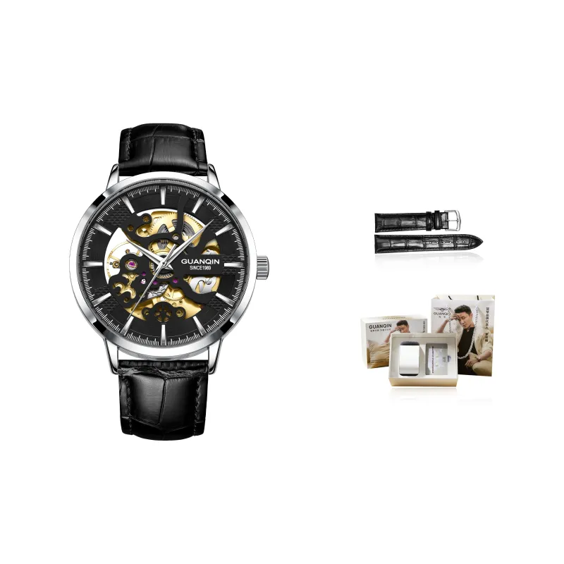 GUANQIN Brogues Collection Automatic Mechanical Movement Leather Strap Watch Men's Watches Black Dial-15
