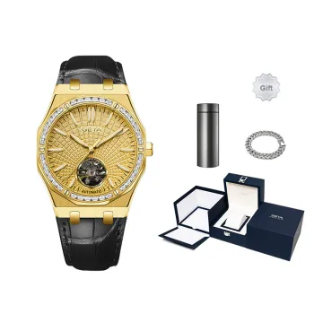 GEYA Mechanical Movement Genuine Leather Strap Watch Men's Watches Gold Dial