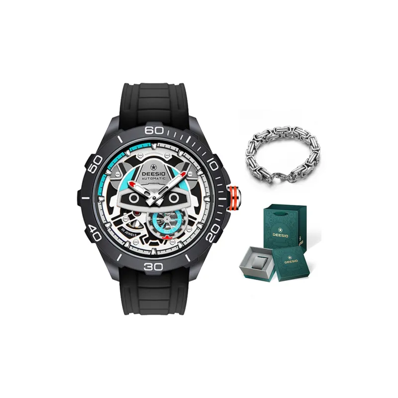 DEESIO Automatic Mechanical Movement Rubber Strap Watch Unisex Red Watch Dial-2