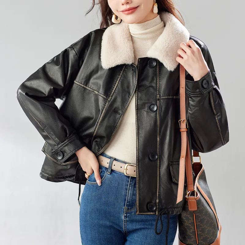 TERRE BLEUE Leather Jacket Women's Black-4