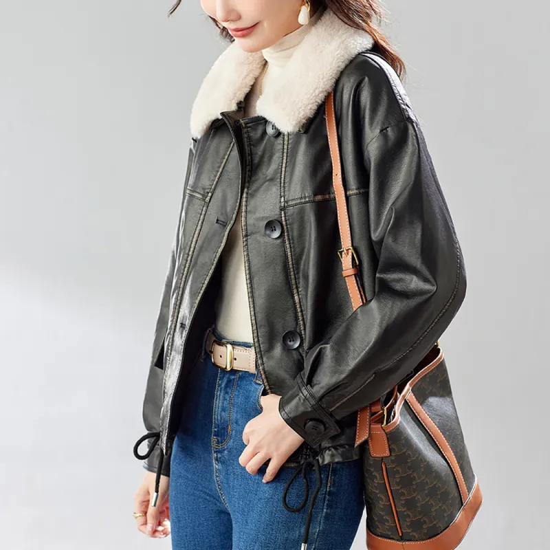 TERRE BLEUE Leather Jacket Women's Black-3