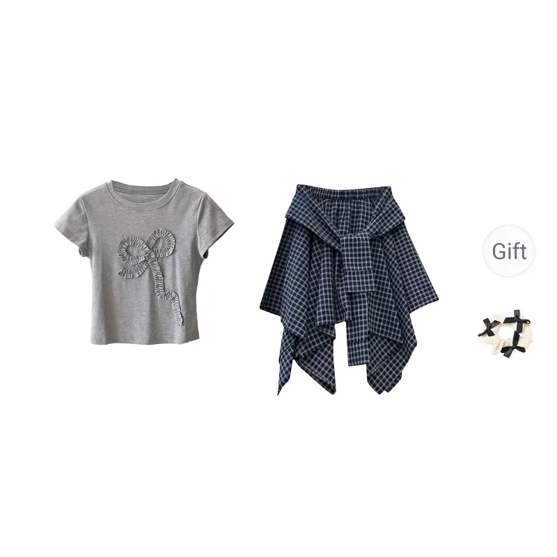 CPAURA Skirt Set Women's Gray Top/Plaid Skirt-0