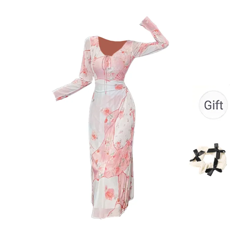 CPAURA Long Sleeved Dress Women's Pink-0