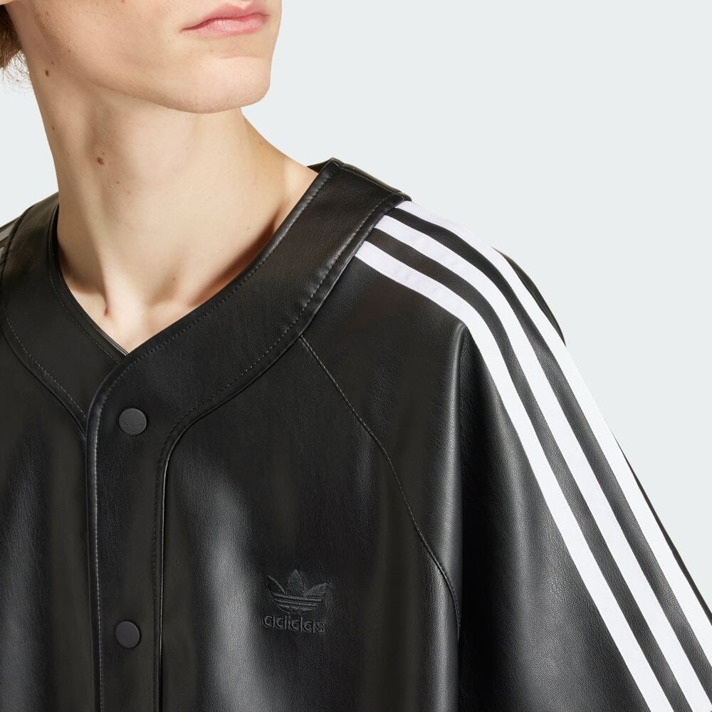 adidas originals Faux Leather Adicolor 3 Stripes Baseball shirt Down Black POIZON