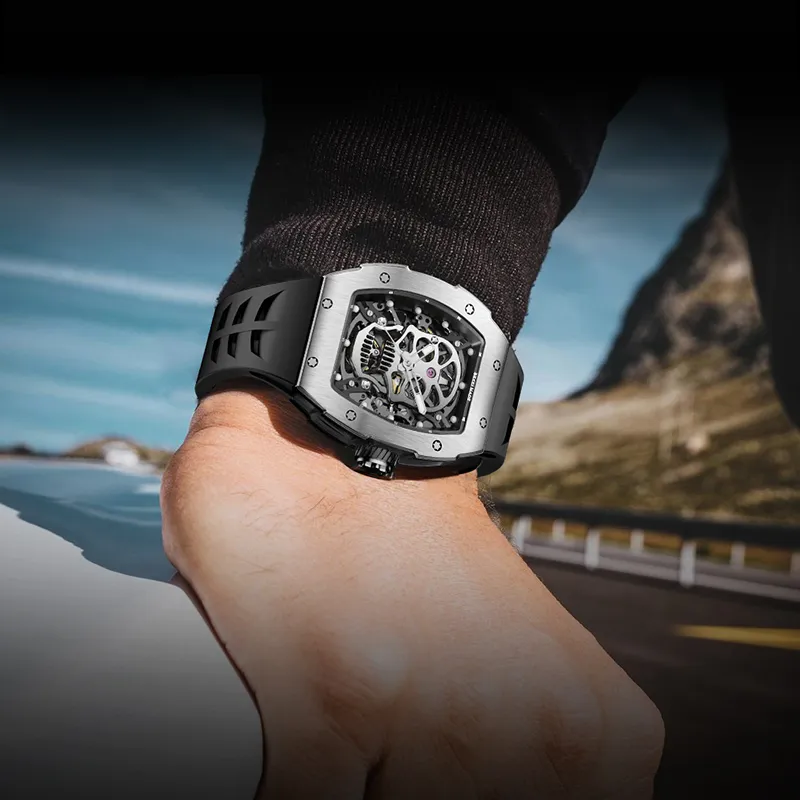 BEXEI Skull Series Automatic Mechanical Movement Rubber Strap Watch Men's Watches Cut Out Dial BX9801-1