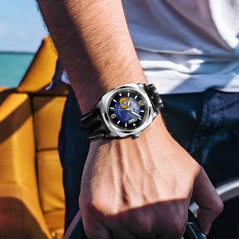 LOBINNI L Automatic Mechanical Movement Genuine Leather Strap Watch Men's Watches Blue Dial-17