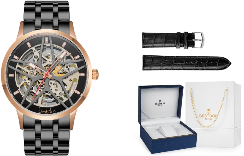 Bestdon Automatic Mechanical Movement Stainless Steel Watchband Men's Watches Black Dial-2