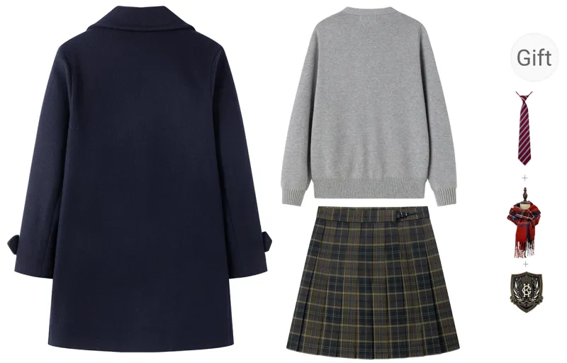 Tokyo Season Uniforms Women's Dark Blue Coat Lining Padded+Carbon Gray Cardigan, Comes With Checkered Skirt+Tie+Badge-1