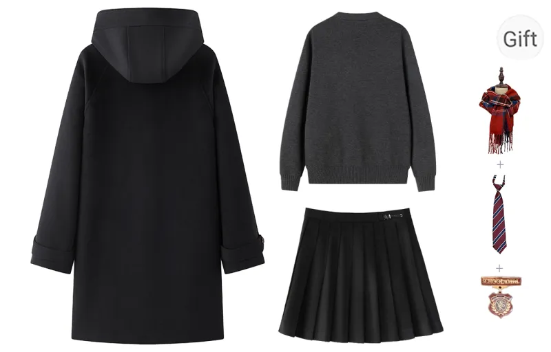 Tokyo Season Uniforms Women's Black Coat+Black Pleated Skirt, Comes With Free Cardigan+Scarf+Badge+Tie-1