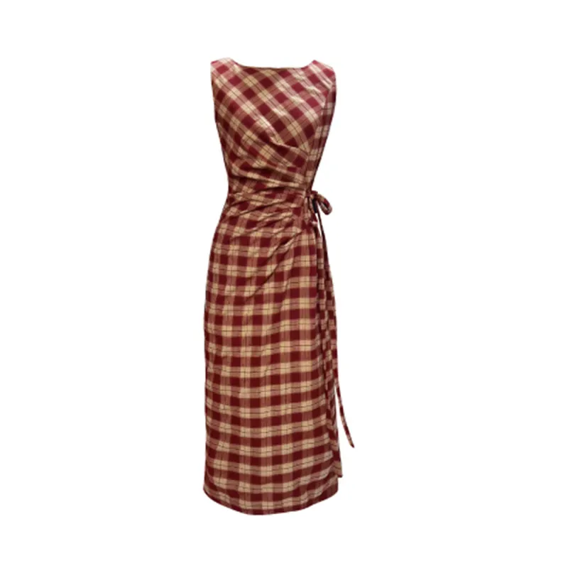 WOWI KCKS Sleeveless Dress Women's Brick Red Plaid-0