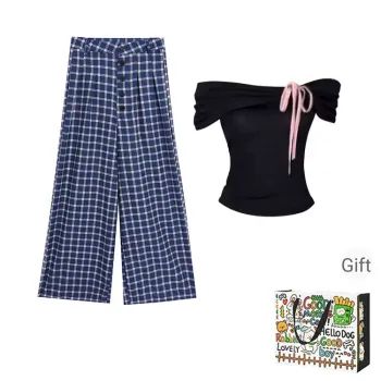 HAPG Casual Suit Women's Black Top Blue Plaid Pants