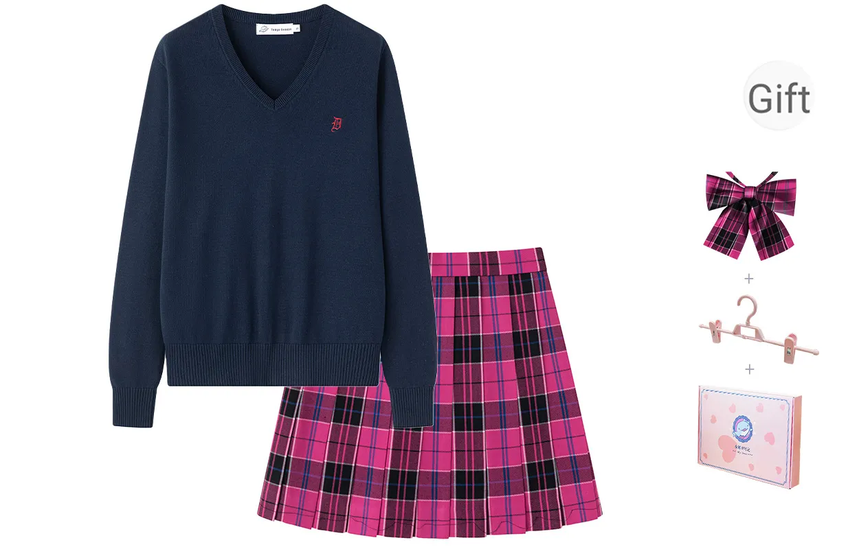 Tokyo Season Uniform Women's Gift Box Set, Dark Blue Sweater+Berry Sauce, Includes Boxer+Skirt Clip