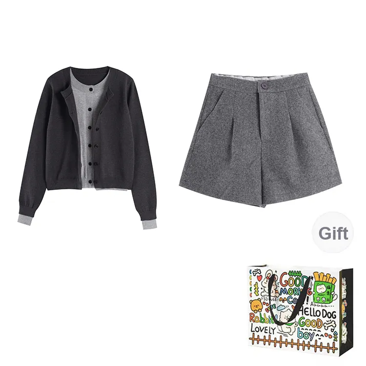 Dippanis Casual Suit Women's Gray Mock Two Piece Cardigan+Shorts