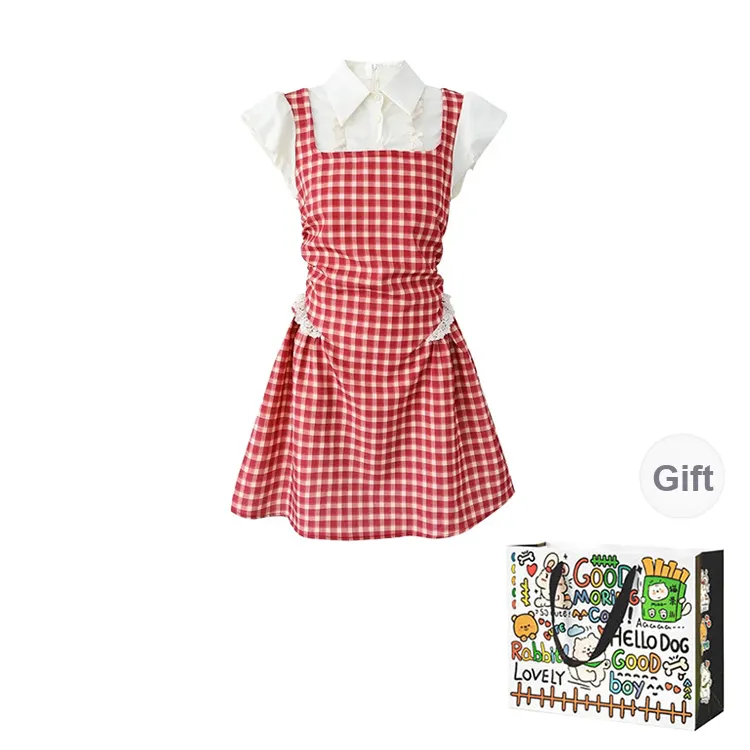 Dippanis Short Sleeved Dress Women's Red Plaid-0