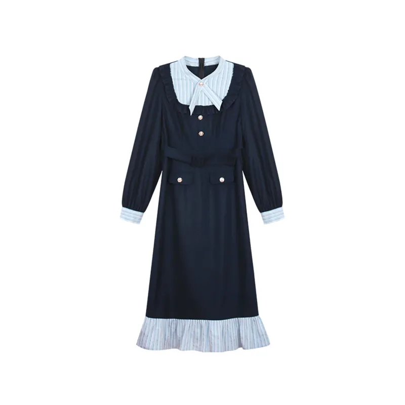 ANNIBUHUO Long Sleeved Dresses Women's Navy Blue-0