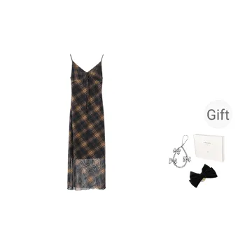 Fstudio Korean Style V Neck Print Slimming Slip Dress Women's Red Plaid
