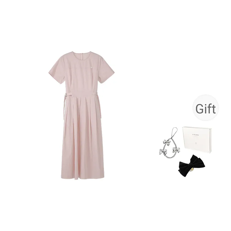 Fstudio Korean Style Sweet Style Ambient Minimalist Style Solid Color Short Sleeved Dress Women's Pink-0