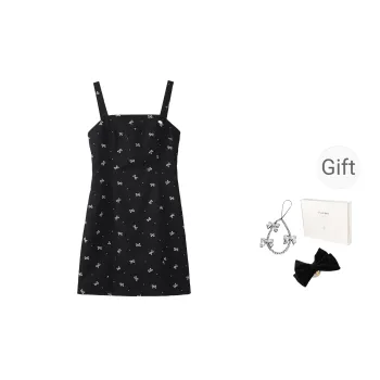 Fstudio Summer Korean Style 100% Cotton Bowknot Print Slip Dress Women's Black
