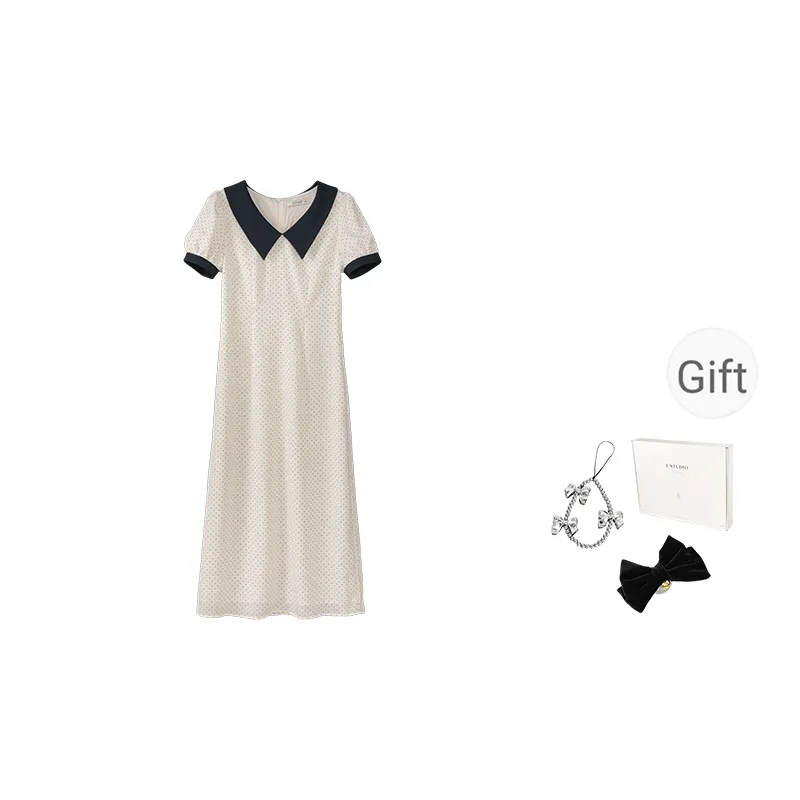 Fstudio Korean Style Elegance Color Block Cinched Waist Short Sleeved Dress Women's Beige Apricot-0