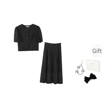 Fstudio Korean Style 100% Cotton Crew Neck Short Sleeved High Rise Skirt Set Women's
