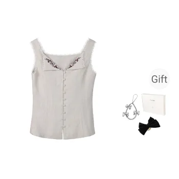 Fstudio Spring Summer Korean Style Petite Design Lapel Embroidery Sleeveless Tank Top Women's Apricot