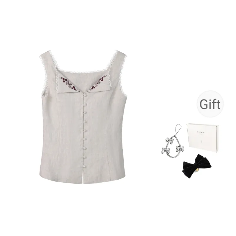 Fstudio Spring Summer Korean Style Petite Design Lapel Embroidery Sleeveless Tank Top Women's Apricot-0