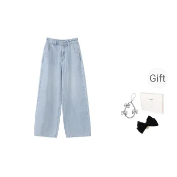 Fstudio Korean Style Light Tone Fashion Casual Straight Fit Jeans Women's Blue