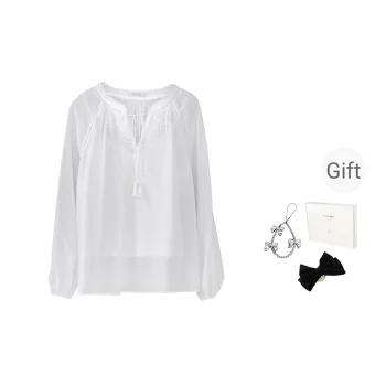 Fstudio Korean Style V Neck Pure Cotton Lace Trim Embroidery Long Sleeved Shirt Women's White