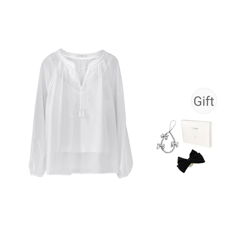 Fstudio Korean Style V Neck Pure Cotton Lace Trim Embroidery Long Sleeved Shirt Women's White-0