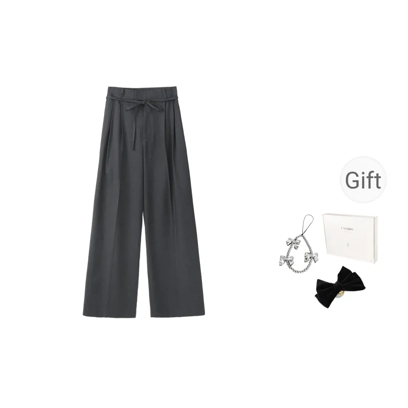 Fstudio Spring Summer Korean Style Design Light Colored Thin High Rise Lace Up Casual Pants Women's Gray-0
