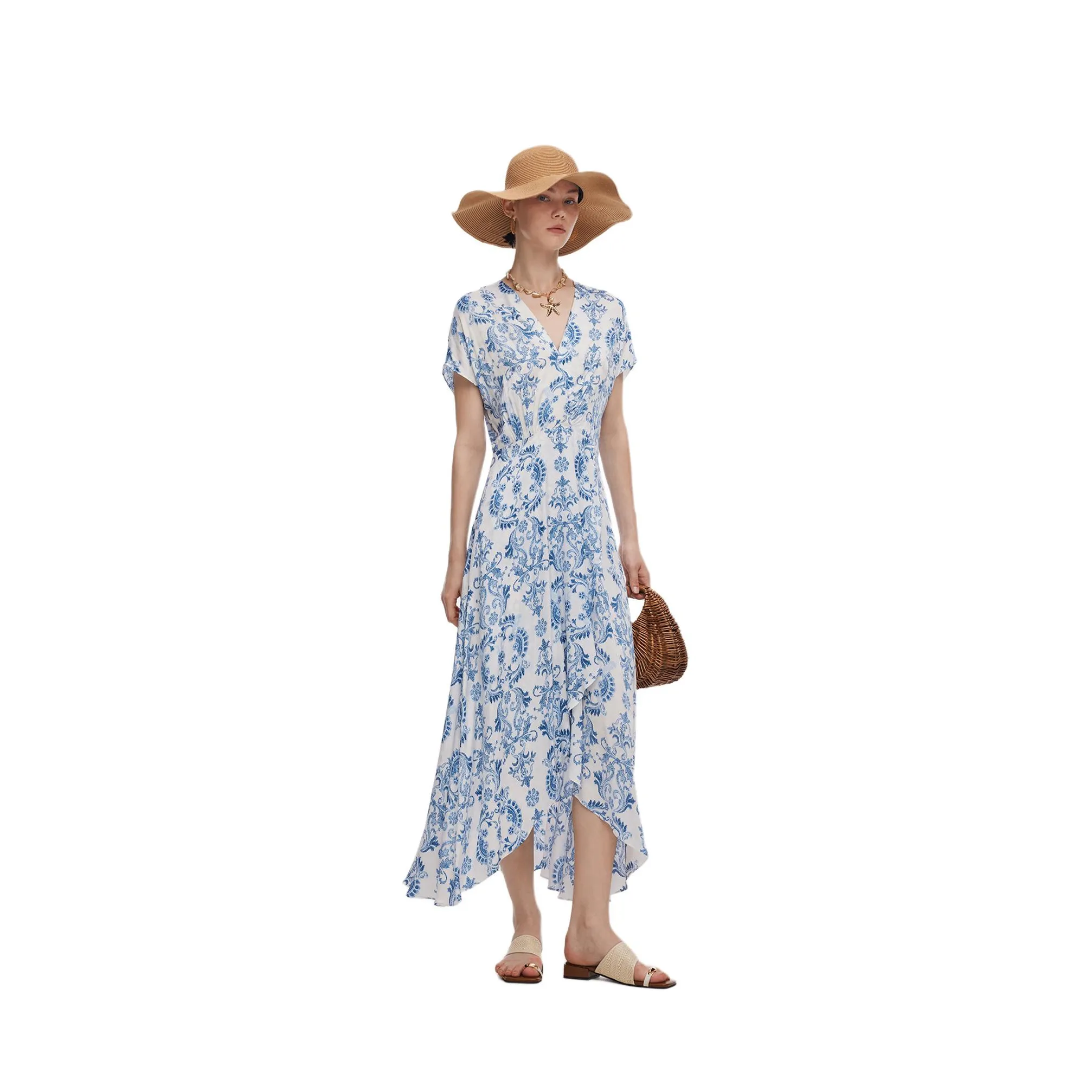 GOELIA 8DD Exotic Синий Штрих кисти Принт Женские Длинный рукав Платья