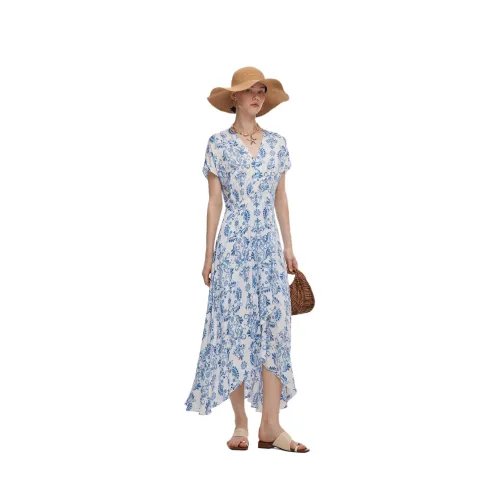 GOELIA 8DD Exotic Синий Штрих кисти Принт Женские Длинный рукав Платья