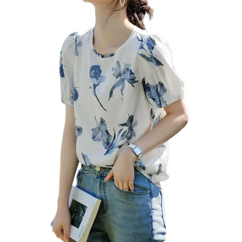 XWI Shirts Women's White Background With Blue Flowers